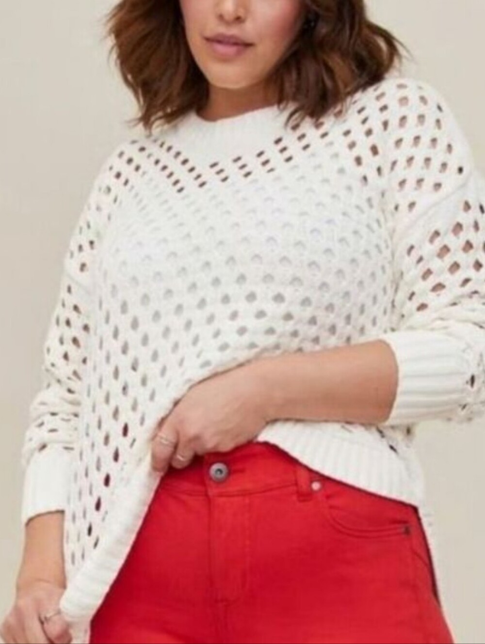 TORRID OPEN KNIT CHELILLE CREW NECK LONG SLEEVE TUNIC SWEATER WHITE SIZE 10 (00)